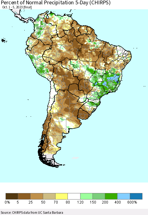 South America Percent of Normal Precipitation 5-Day (CHIRPS) Thematic Map For 10/1/2023 - 10/5/2023