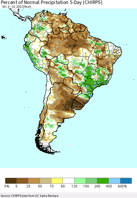 South America Percent of Normal Precipitation 5-Day (CHIRPS) Thematic Map For 10/6/2023 - 10/10/2023