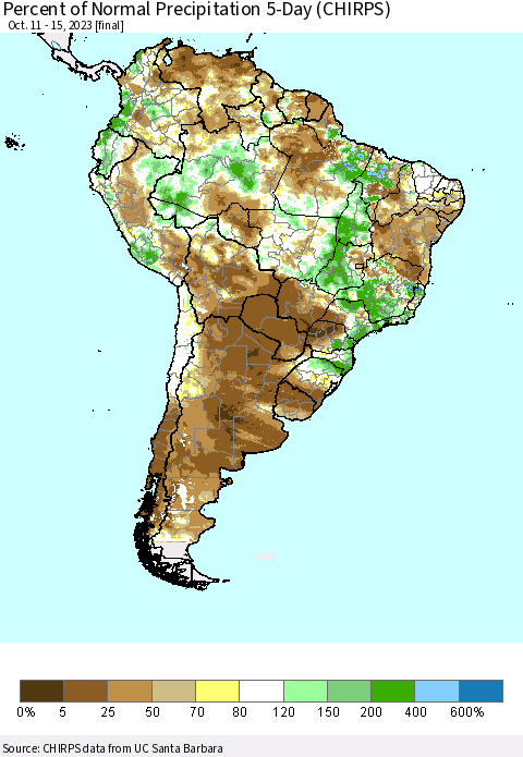South America Percent of Normal Precipitation 5-Day (CHIRPS) Thematic Map For 10/11/2023 - 10/15/2023