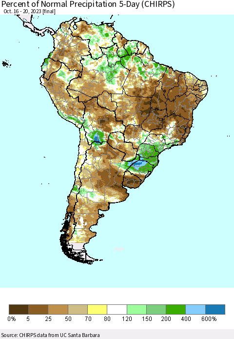 South America Percent of Normal Precipitation 5-Day (CHIRPS) Thematic Map For 10/16/2023 - 10/20/2023