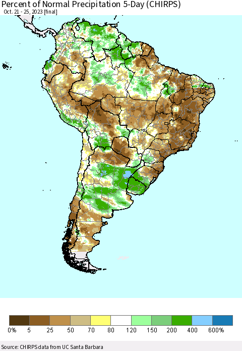 South America Percent of Normal Precipitation 5-Day (CHIRPS) Thematic Map For 10/21/2023 - 10/25/2023
