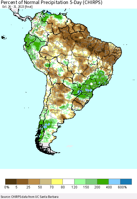 South America Percent of Normal Precipitation 5-Day (CHIRPS) Thematic Map For 10/26/2023 - 10/31/2023