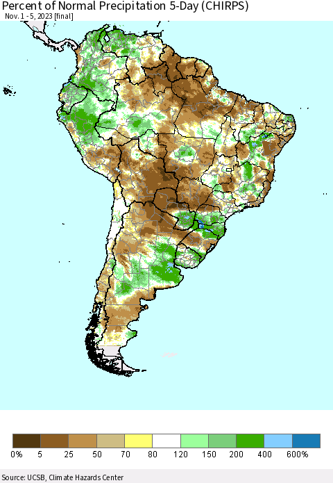 South America Percent of Normal Precipitation 5-Day (CHIRPS) Thematic Map For 11/1/2023 - 11/5/2023