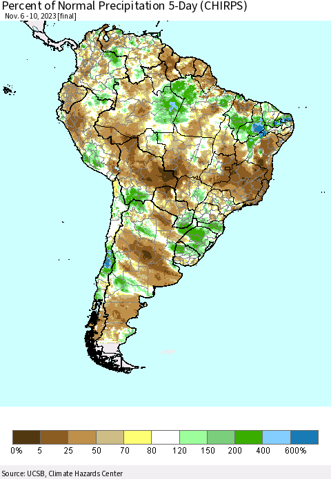 South America Percent of Normal Precipitation 5-Day (CHIRPS) Thematic Map For 11/6/2023 - 11/10/2023
