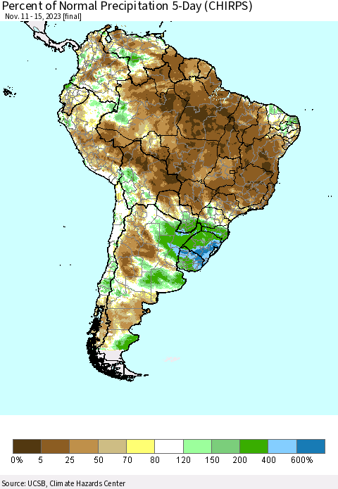 South America Percent of Normal Precipitation 5-Day (CHIRPS) Thematic Map For 11/11/2023 - 11/15/2023