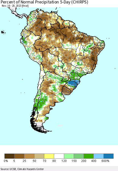 South America Percent of Normal Precipitation 5-Day (CHIRPS) Thematic Map For 11/16/2023 - 11/20/2023