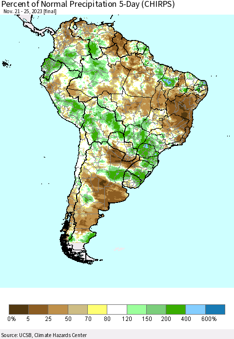 South America Percent of Normal Precipitation 5-Day (CHIRPS) Thematic Map For 11/21/2023 - 11/25/2023