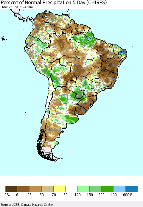South America Percent of Normal Precipitation 5-Day (CHIRPS) Thematic Map For 11/26/2023 - 11/30/2023