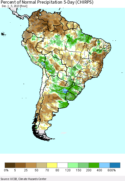 South America Percent of Normal Precipitation 5-Day (CHIRPS) Thematic Map For 12/1/2023 - 12/5/2023