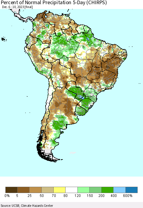 South America Percent of Normal Precipitation 5-Day (CHIRPS) Thematic Map For 12/6/2023 - 12/10/2023