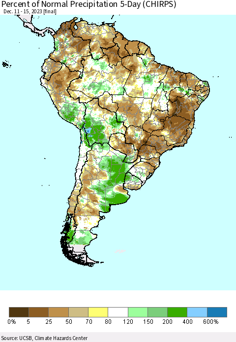 South America Percent of Normal Precipitation 5-Day (CHIRPS) Thematic Map For 12/11/2023 - 12/15/2023