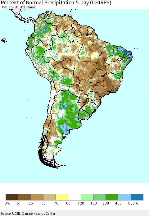 South America Percent of Normal Precipitation 5-Day (CHIRPS) Thematic Map For 12/16/2023 - 12/20/2023