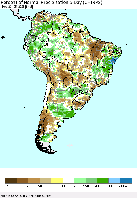 South America Percent of Normal Precipitation 5-Day (CHIRPS) Thematic Map For 12/21/2023 - 12/25/2023