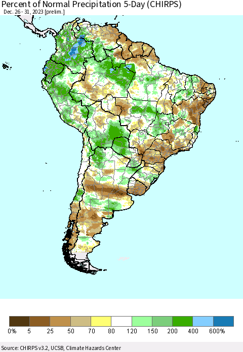 South America Percent of Normal Precipitation 5-Day (CHIRPS) Thematic Map For 12/26/2023 - 12/31/2023