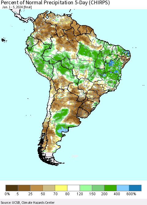 South America Percent of Normal Precipitation 5-Day (CHIRPS) Thematic Map For 1/1/2024 - 1/5/2024