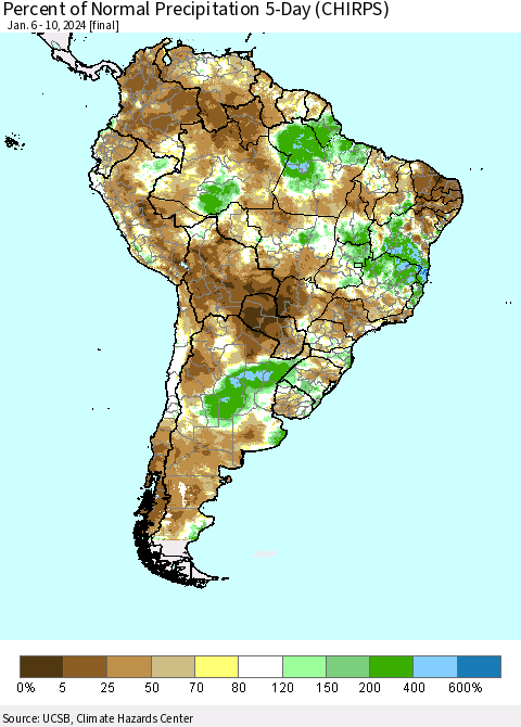 South America Percent of Normal Precipitation 5-Day (CHIRPS) Thematic Map For 1/6/2024 - 1/10/2024