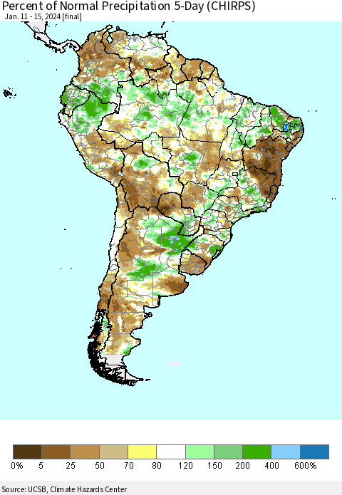 South America Percent of Normal Precipitation 5-Day (CHIRPS) Thematic Map For 1/11/2024 - 1/15/2024