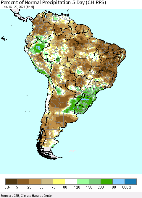 South America Percent of Normal Precipitation 5-Day (CHIRPS) Thematic Map For 1/16/2024 - 1/20/2024