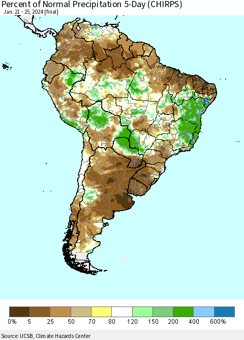 South America Percent of Normal Precipitation 5-Day (CHIRPS) Thematic Map For 1/21/2024 - 1/25/2024