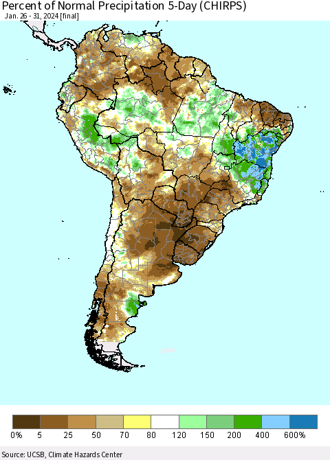 South America Percent of Normal Precipitation 5-Day (CHIRPS) Thematic Map For 1/26/2024 - 1/31/2024