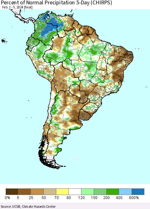 South America Percent of Normal Precipitation 5-Day (CHIRPS) Thematic Map For 2/1/2024 - 2/5/2024