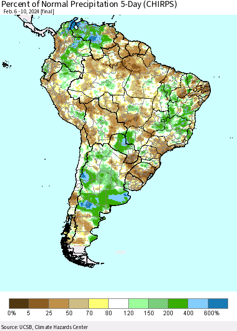South America Percent of Normal Precipitation 5-Day (CHIRPS) Thematic Map For 2/6/2024 - 2/10/2024
