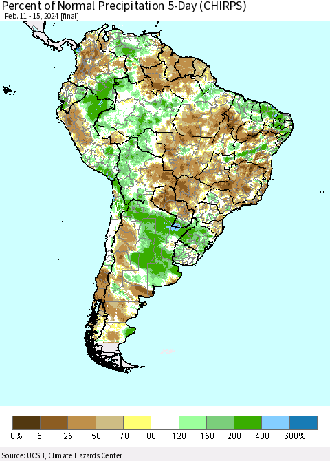 South America Percent of Normal Precipitation 5-Day (CHIRPS) Thematic Map For 2/11/2024 - 2/15/2024