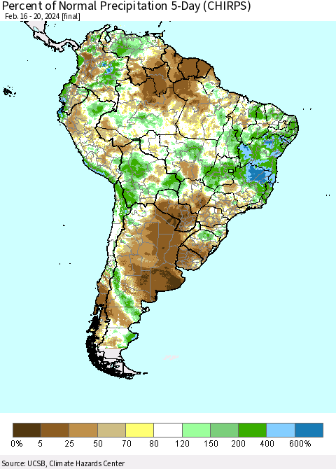 South America Percent of Normal Precipitation 5-Day (CHIRPS) Thematic Map For 2/16/2024 - 2/20/2024