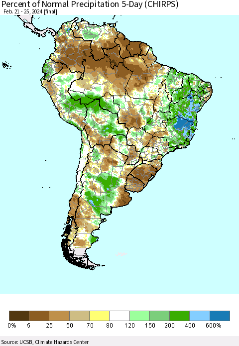 South America Percent of Normal Precipitation 5-Day (CHIRPS) Thematic Map For 2/21/2024 - 2/25/2024