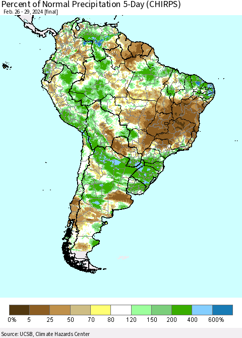 South America Percent of Normal Precipitation 5-Day (CHIRPS) Thematic Map For 2/26/2024 - 2/29/2024