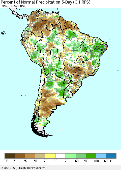 South America Percent of Normal Precipitation 5-Day (CHIRPS) Thematic Map For 3/1/2024 - 3/5/2024