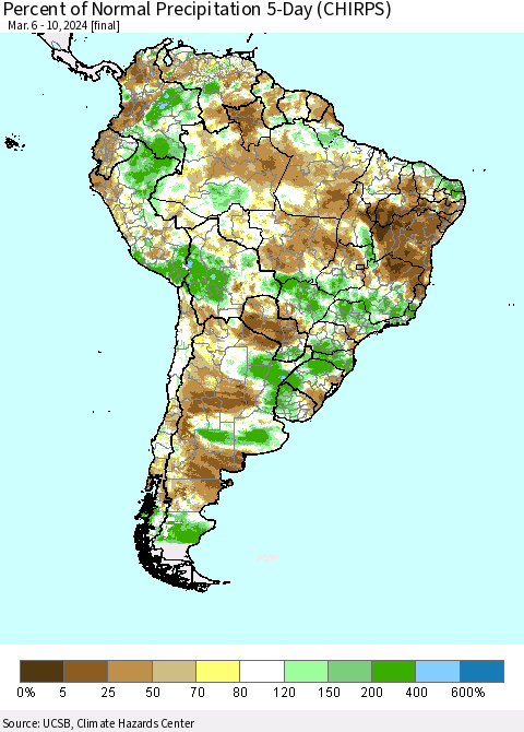 South America Percent of Normal Precipitation 5-Day (CHIRPS) Thematic Map For 3/6/2024 - 3/10/2024
