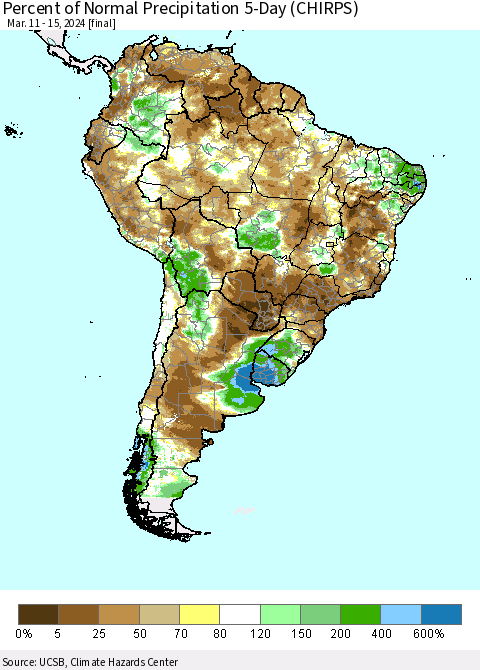 South America Percent of Normal Precipitation 5-Day (CHIRPS) Thematic Map For 3/11/2024 - 3/15/2024