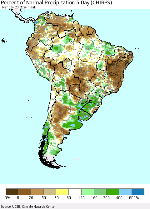 South America Percent of Normal Precipitation 5-Day (CHIRPS) Thematic Map For 3/16/2024 - 3/20/2024