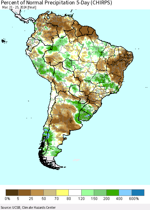 South America Percent of Normal Precipitation 5-Day (CHIRPS) Thematic Map For 3/21/2024 - 3/25/2024