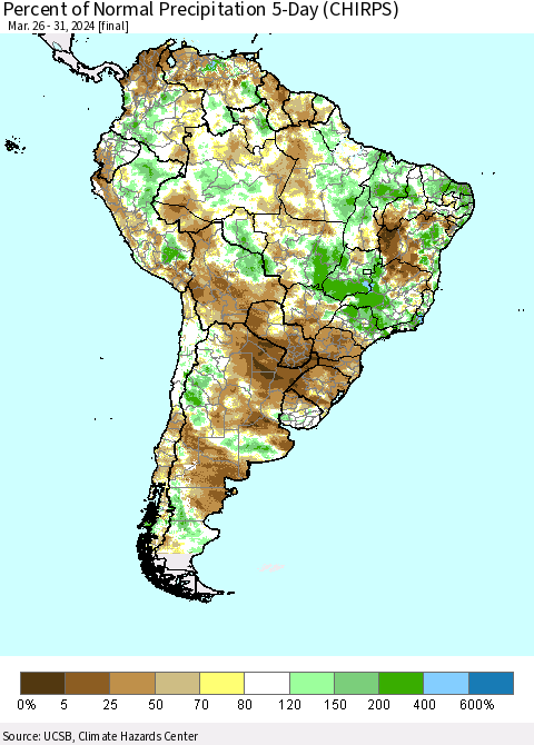 South America Percent of Normal Precipitation 5-Day (CHIRPS) Thematic Map For 3/26/2024 - 3/31/2024