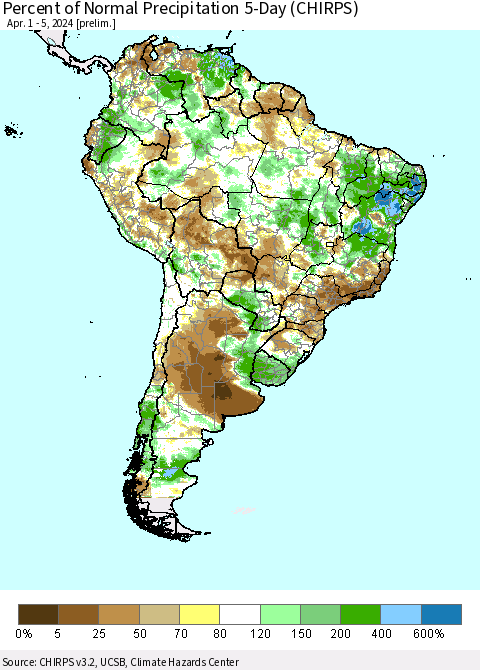 South America Percent of Normal Precipitation 5-Day (CHIRPS) Thematic Map For 4/1/2024 - 4/5/2024