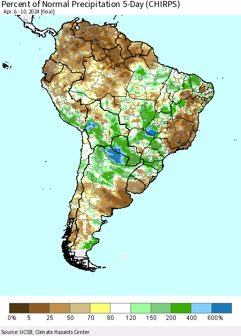 South America Percent of Normal Precipitation 5-Day (CHIRPS) Thematic Map For 4/6/2024 - 4/10/2024