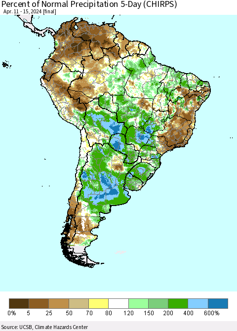 South America Percent of Normal Precipitation 5-Day (CHIRPS) Thematic Map For 4/11/2024 - 4/15/2024