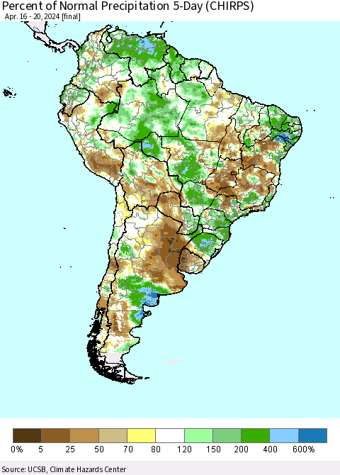 South America Percent of Normal Precipitation 5-Day (CHIRPS) Thematic Map For 4/16/2024 - 4/20/2024