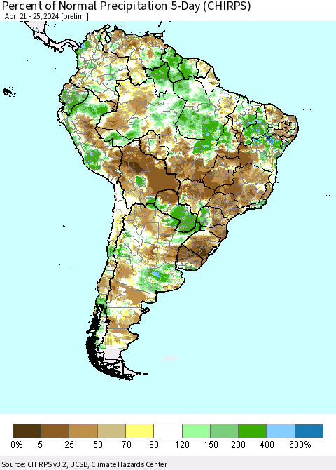 South America Percent of Normal Precipitation 5-Day (CHIRPS) Thematic Map For 4/21/2024 - 4/25/2024