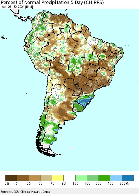 South America Percent of Normal Precipitation 5-Day (CHIRPS) Thematic Map For 4/26/2024 - 4/30/2024