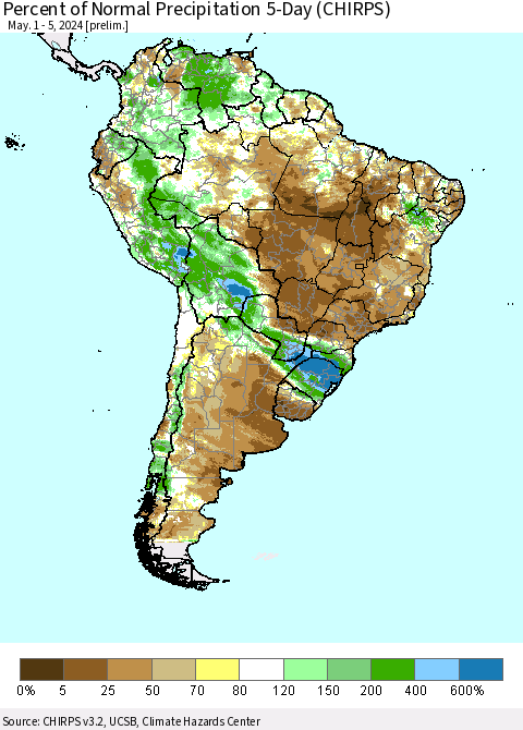 South America Percent of Normal Precipitation 5-Day (CHIRPS) Thematic Map For 5/1/2024 - 5/5/2024