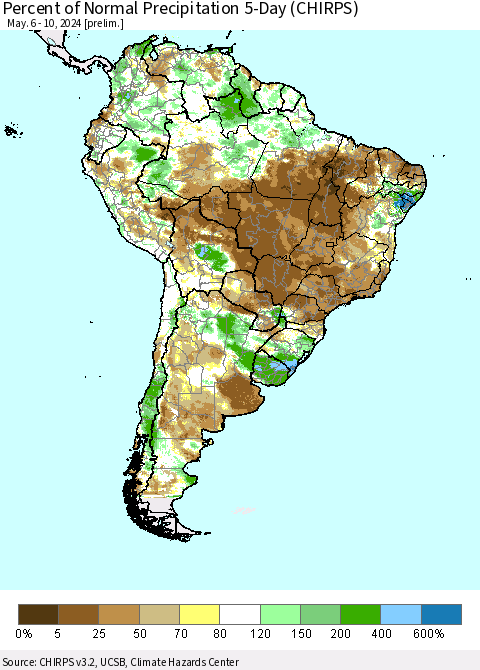 South America Percent of Normal Precipitation 5-Day (CHIRPS) Thematic Map For 5/6/2024 - 5/10/2024