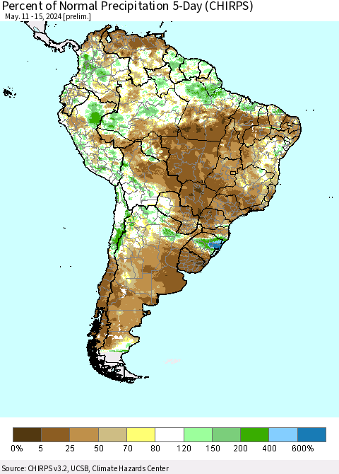 South America Percent of Normal Precipitation 5-Day (CHIRPS) Thematic Map For 5/11/2024 - 5/15/2024