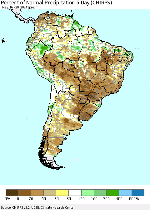 South America Percent of Normal Precipitation 5-Day (CHIRPS) Thematic Map For 5/16/2024 - 5/20/2024
