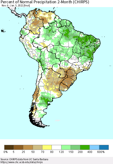 South America Percent of Normal Precipitation 2-Month (CHIRPS) Thematic Map For 11/6/2021 - 1/5/2022