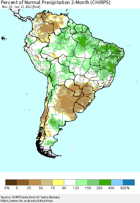 South America Percent of Normal Precipitation 2-Month (CHIRPS) Thematic Map For 11/16/2021 - 1/15/2022
