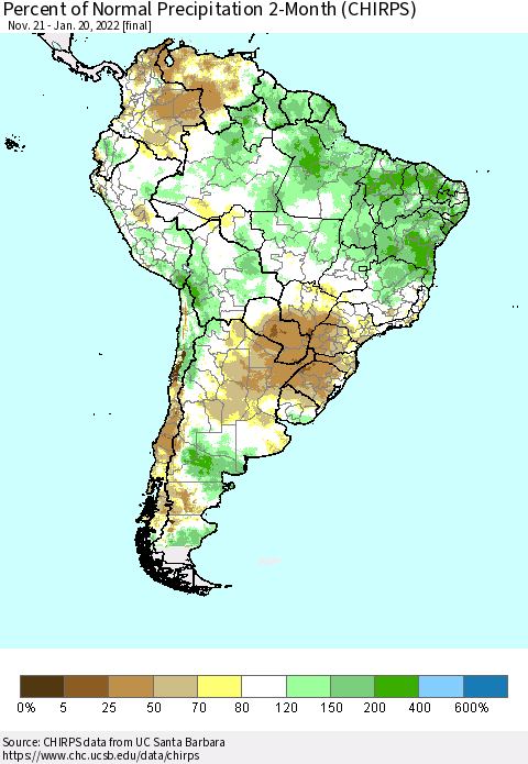 South America Percent of Normal Precipitation 2-Month (CHIRPS) Thematic Map For 11/21/2021 - 1/20/2022