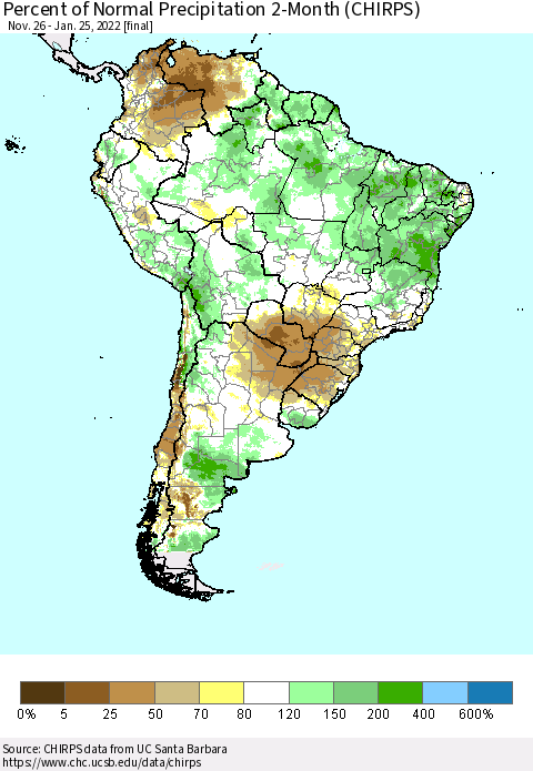 South America Percent of Normal Precipitation 2-Month (CHIRPS) Thematic Map For 11/26/2021 - 1/25/2022